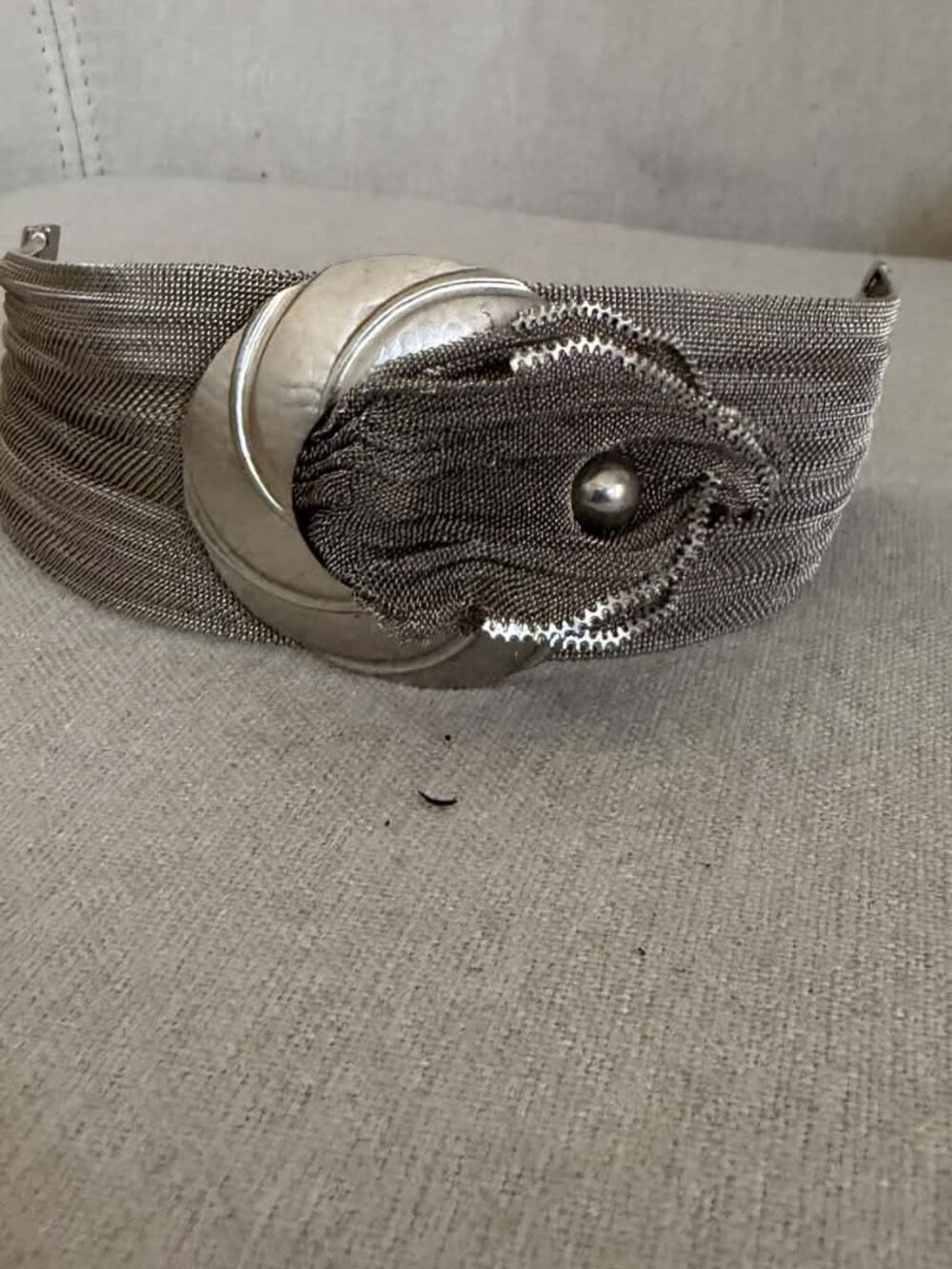 Vintage 1970s Silver Tone Mesh Statement Bracelet Sculptural Flower 7"